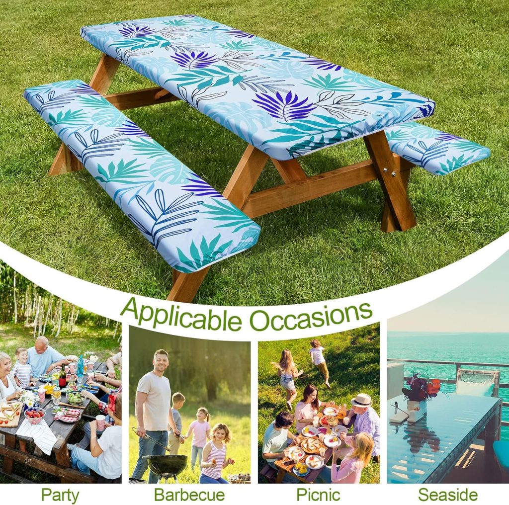 Picnic Table Cover with Bench Covers Camping Essentials Waterproof Windproof Camping Tablecloth with Drawstring Bag, Fitted Rectangle Tables and Seats, 72in, Green Blue