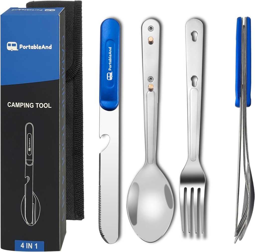 PortableAnd Travel Cutlery 3 PCS Camping Utensil Set for Stainless Steel Spork with Spoon, Fork, Knife  Bottle Opener Best Gift for Travel, Outdoor Backpacking Flatware with Case (Blue)