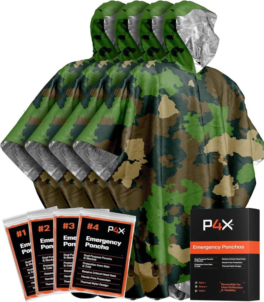 PREPARED4X Emergency Rain Poncho with Mylar Blanket Liner - Survival Blankets for Car - Heavy Duty, Waterproof Camping Gear