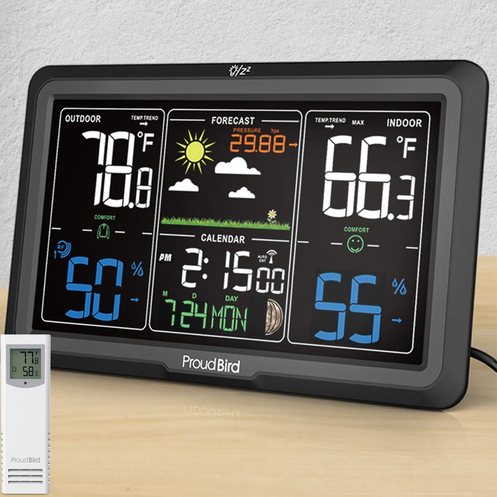 Proud Bird Weather Station Indoor Outdoor, Weather Stations Wireless Indoor Outdoor, Indoor Outdoor Thermometer Wireless with 350° Viewing Angle Colorful Large 7.6 Display, Atomic Clock, Black