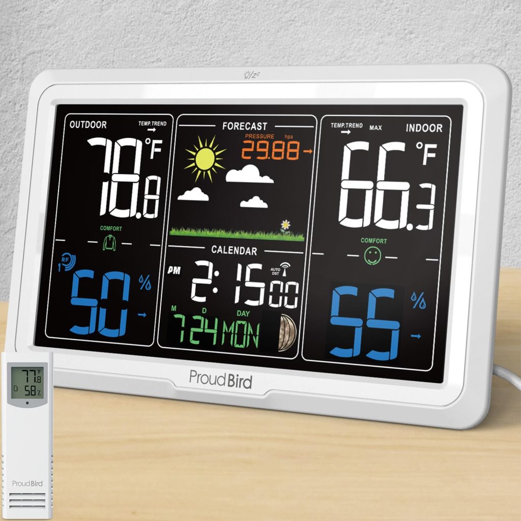 Proud Bird Weather Station Indoor Outdoor, Weather Stations Wireless Indoor Outdoor, Indoor Outdoor Thermometer Wireless with 350° Viewing Angle Colorful Large 7.6 Display, Atomic Clock, Black