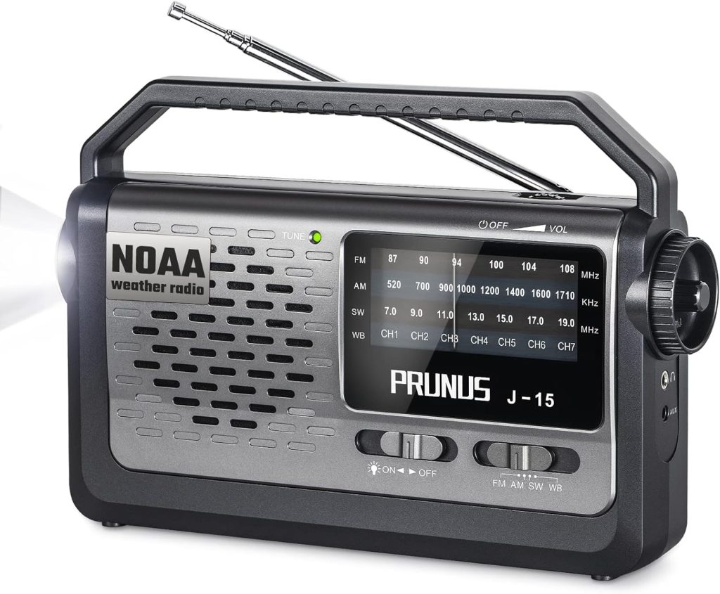 PRUNUS J15 NOAA Weather Radio, AM FM SW Radio with Best Reception, Flashlight, Earphone Jack, Battery Operated Radio by 3X D Cell Batteries or AC Power for Household  Outdoor【2024 Updated】