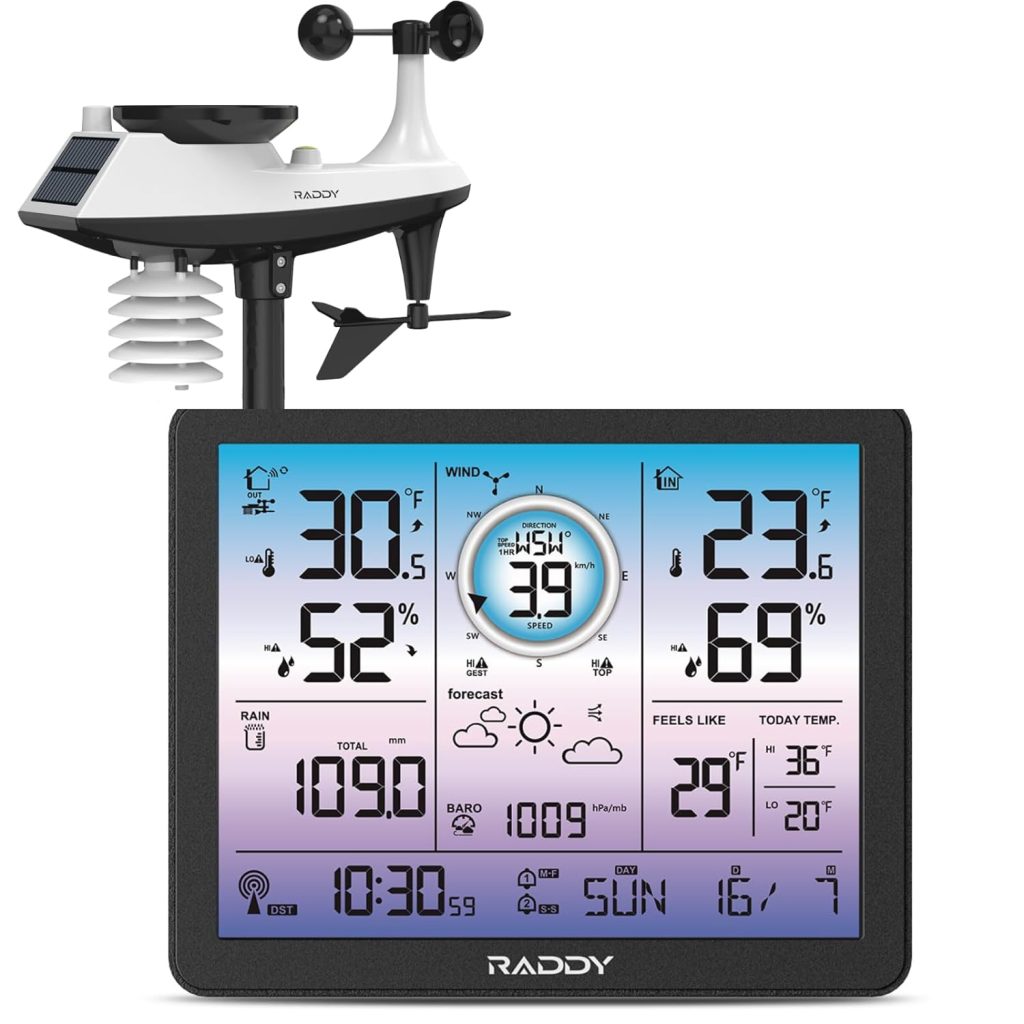 Raddy VP7 Weather Station Wireless Indoor Outdoor Thermometer, 7.4 Digital Color Display Atomic Weather Clock, Temperature Humidity Monitor with Weather Forecast and Barometric Pressure