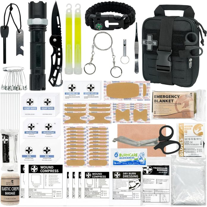 rhino rescue small first aid kit with survival tools emergency care bag for car camping backpacking hiking hunting black