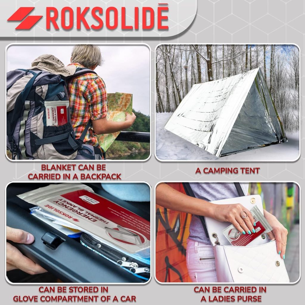 ROKSOLIDE Emergency Blankets | Mylar Thermal Blanket, Essential Survival Gear for Emergency Kits. Ultralight Reflective Foil Blanket for Camping or Cold Weather. Size 55 x 82, Silver, 8-Pack