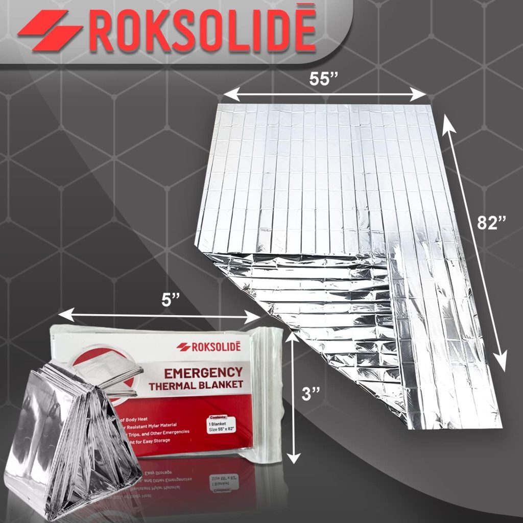 ROKSOLIDE Emergency Blankets | Mylar Thermal Blanket, Essential Survival Gear for Emergency Kits. Ultralight Reflective Foil Blanket for Camping or Cold Weather. Size 55 x 82, Silver, 8-Pack