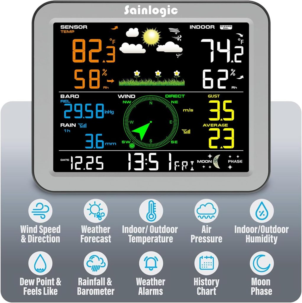 Sainlogic Weather Station Indoor Outdoor with 10.2-inch Color Display  Outdoor Sensor, Indoor Outdoor Thermometer Wireless with Temperature, Humidity, Barometer, Weather Forecast, Moon Phase  Alarm