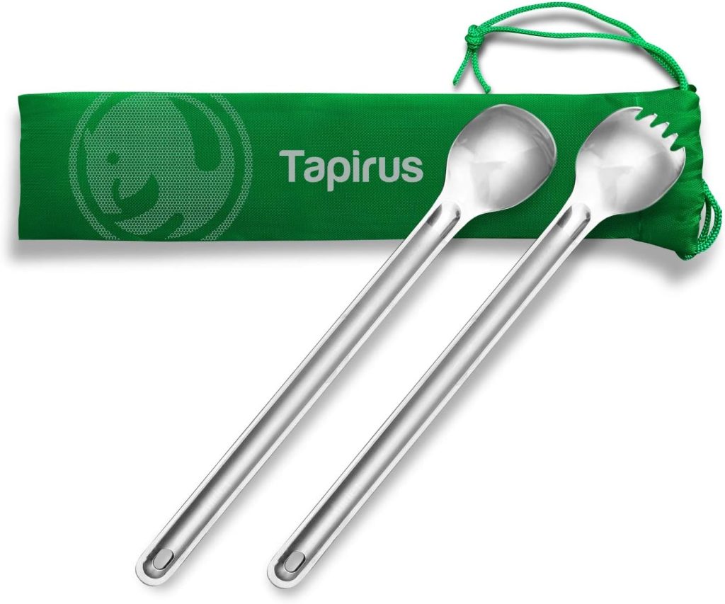 Tapirus Long Spork and Long Spoon Set | Deep Reach Stainless Steel Eating Utensils for MRE Bag | Keep Hands Clean and Away from Heat | Carry Bag Ideal for Hiking, Camping, Backpacking