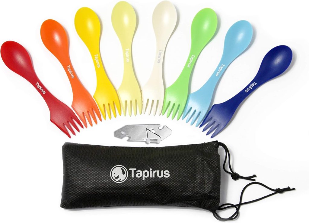 Tapirus Spork to Go V8 Set - 8 Colorful Durable and BPA Free Sporks - Spoon, Fork and Knife Combo Utensils Flatware Mess Kit for Camping and Outdoor Activities - with Bottle Opener and Carrying Case