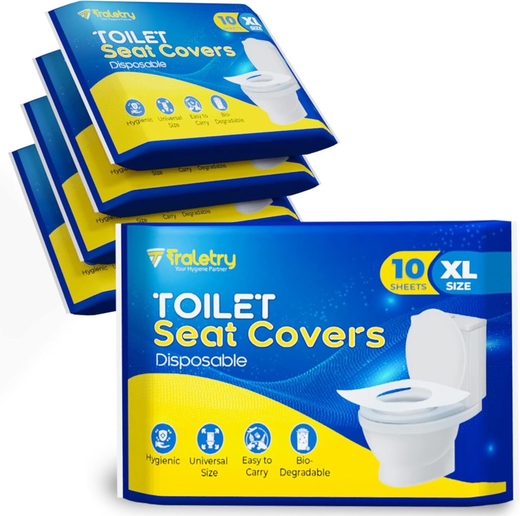 Traletry Toilet Seat Covers Disposable Flushable Travel Pack of 50 XL-Disposable Toilet Seat Covers-Biodegradable Paper-Kids Men Women Adults Toiletries-Airplane Camping Travel Essentials Accessories