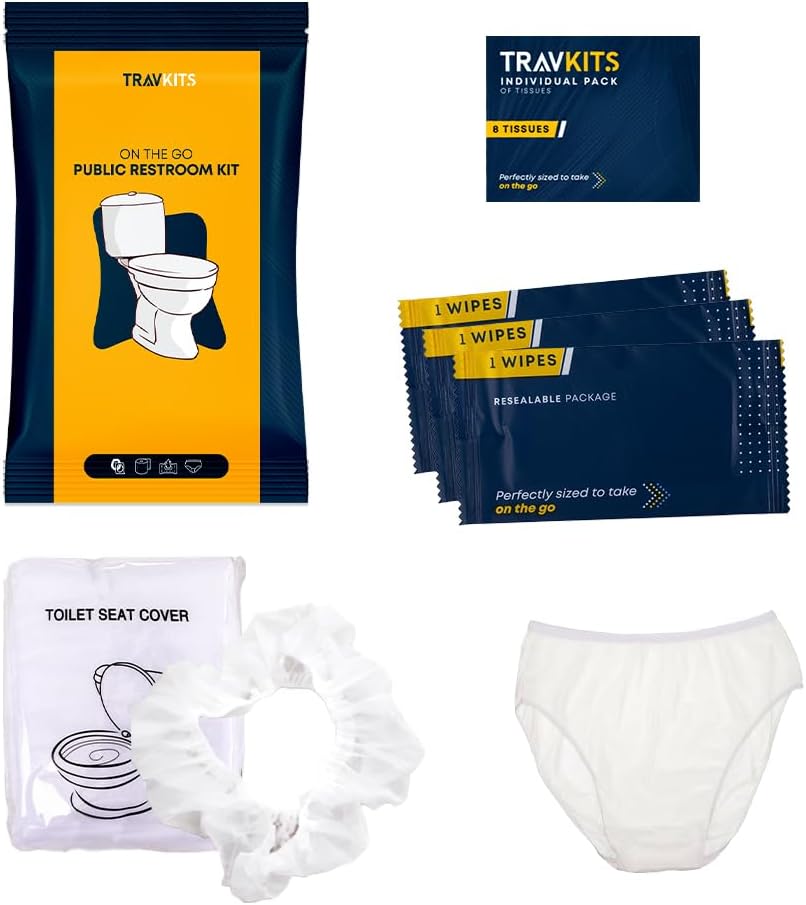 Travkits Public Restroom Kit - [6 Pack] On-The-Go Essential for Your Travel Needs - Wipes, Toilet Seat Cover, 6 Tissues  Unisex Underwear - Compact Package for Camping  Outdoors