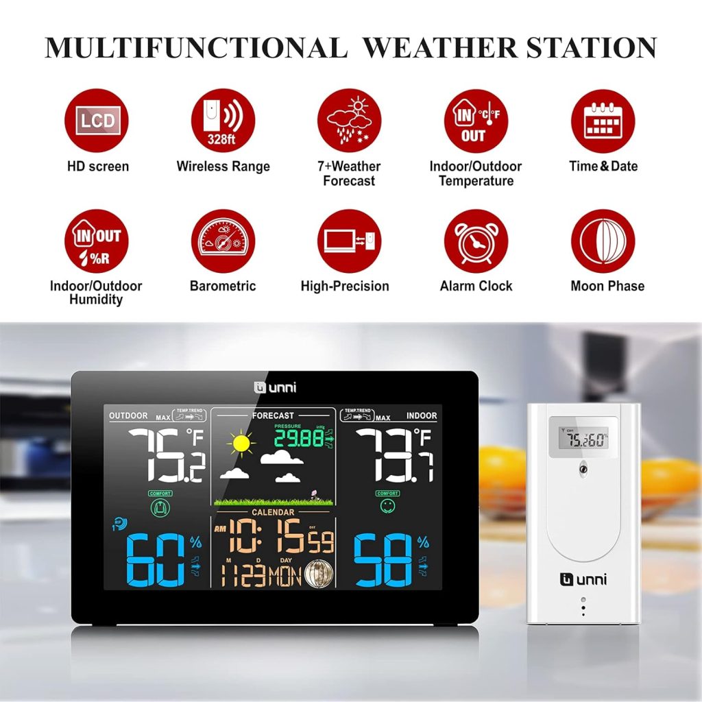 U UNNI Weather Station Wireless Indoor Outdoor Thermometer Inside Outside Temperature Humidity with Calendar and Adjustable Backlight