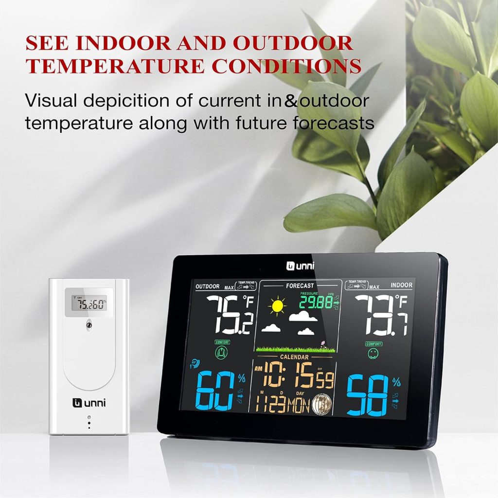 U UNNI Weather Station Wireless Indoor Outdoor Thermometer Inside Outside Temperature Humidity with Calendar and Adjustable Backlight
