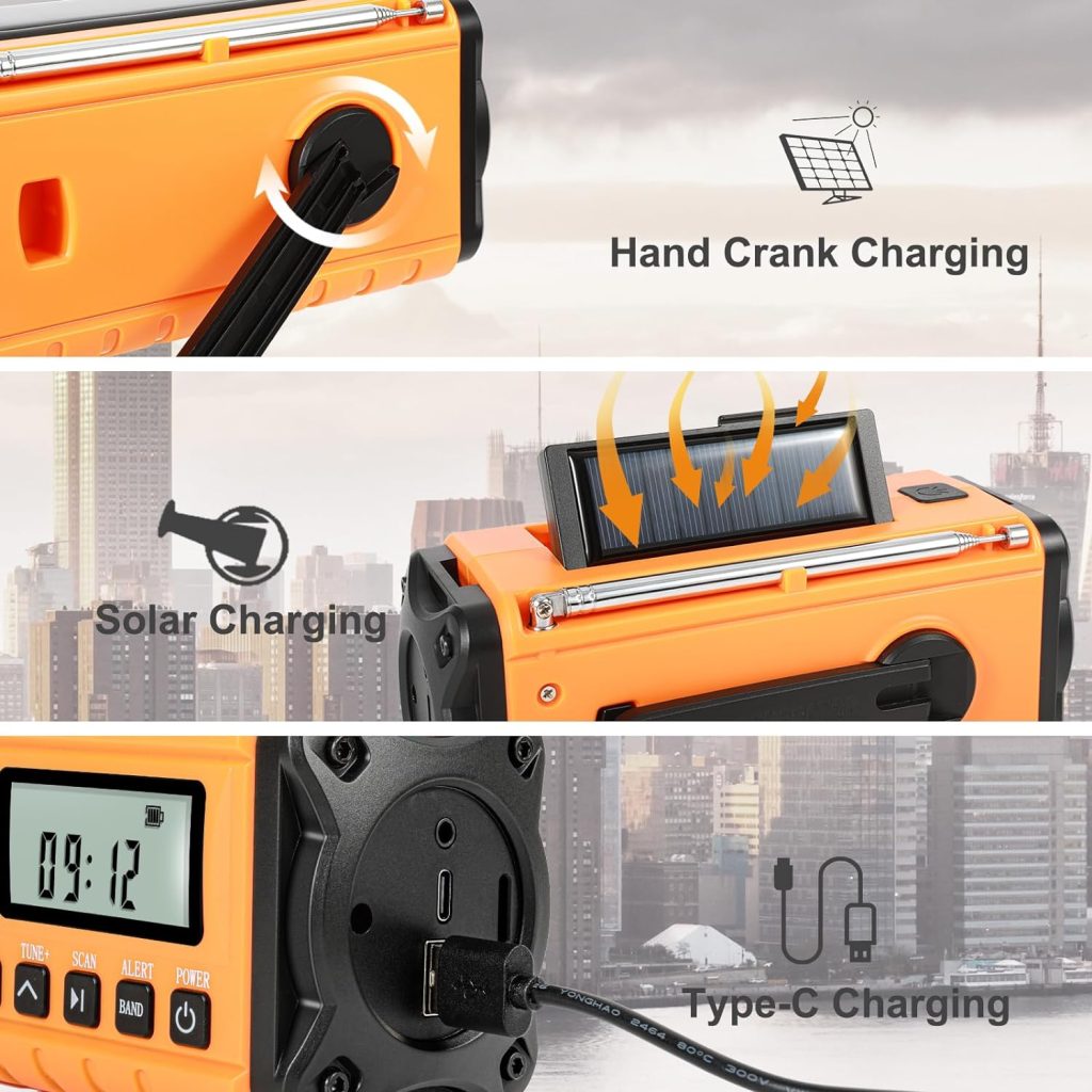 Upgrade 10000mAh Emergency Radio Hand Crank Solar Charger,Best Portable Battery Operated AM/FM/NOAA Weather Alert Radio with Clock Alarm,Type-C Powered,3W Flashlight  Reading Lamp,SOS,Headphone Jack