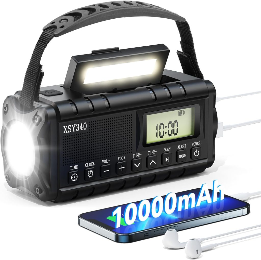 Upgrade 10000mAh Emergency Radio Hand Crank Solar Charger,Best Portable Battery Operated AM/FM/NOAA Weather Alert Radio with Clock Alarm,Type-C Powered,3W Flashlight  Reading Lamp,SOS,Headphone Jack