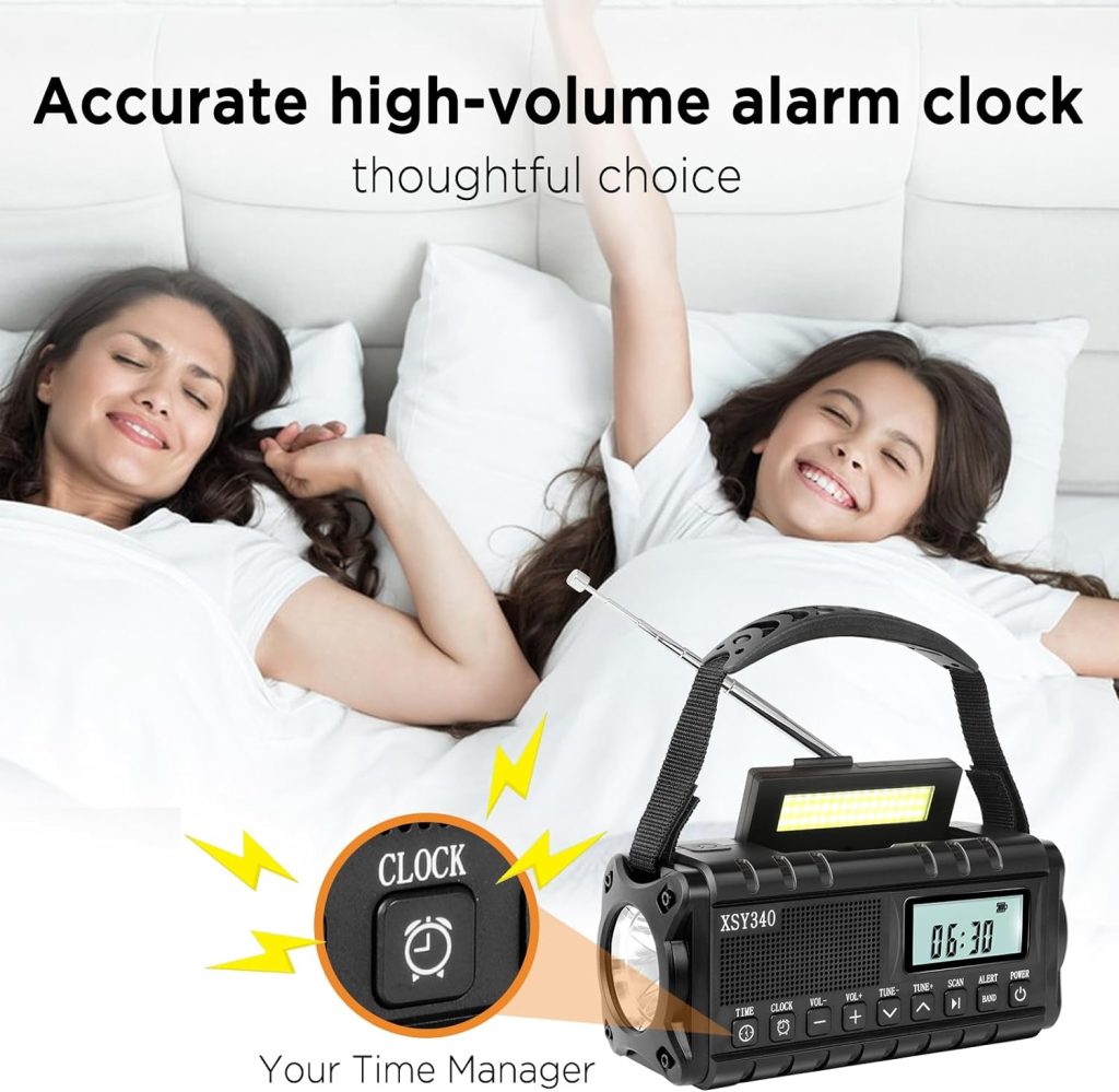 Upgrade 10000mAh Emergency Radio Hand Crank Solar Charger,Best Portable Battery Operated AM/FM/NOAA Weather Alert Radio with Clock Alarm,Type-C Powered,3W Flashlight  Reading Lamp,SOS,Headphone Jack