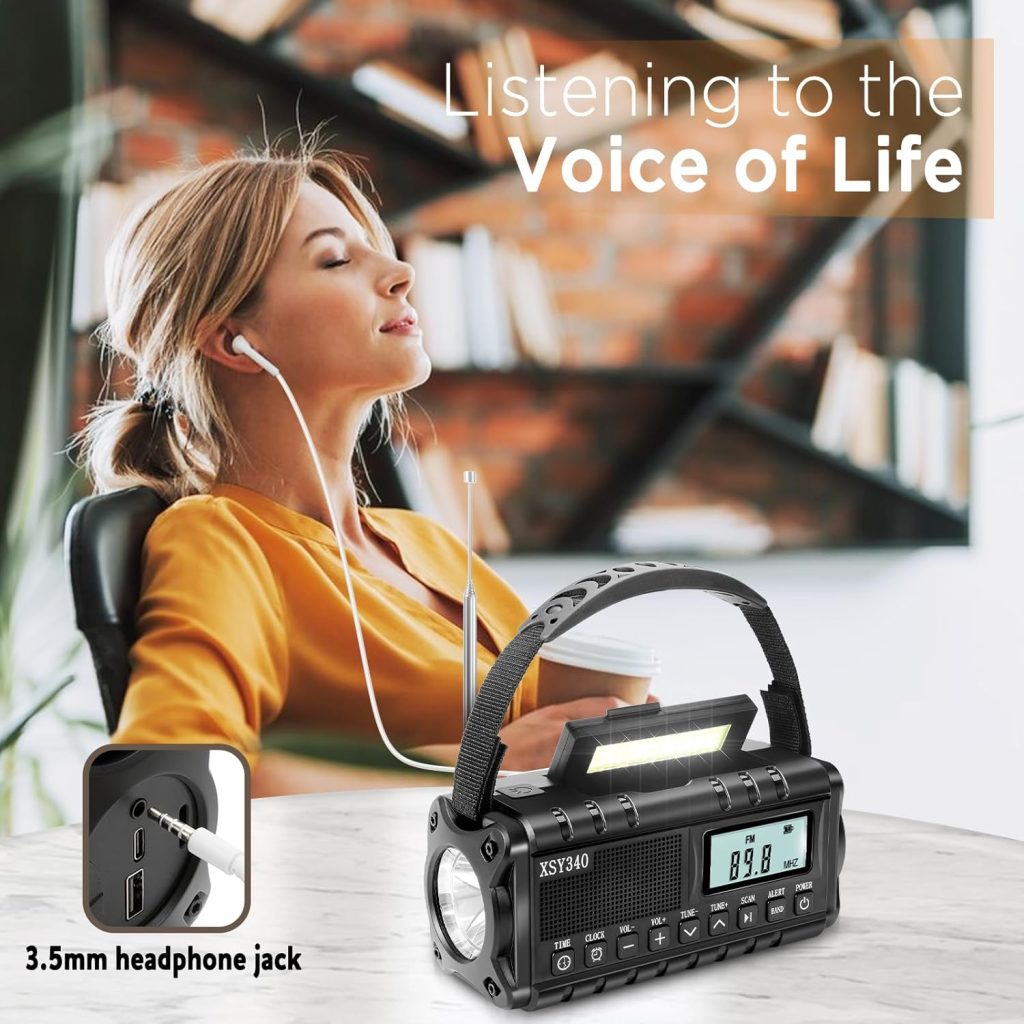 Upgrade 10000mAh Emergency Radio Hand Crank Solar Charger,Best Portable Battery Operated AM/FM/NOAA Weather Alert Radio with Clock Alarm,Type-C Powered,3W Flashlight  Reading Lamp,SOS,Headphone Jack