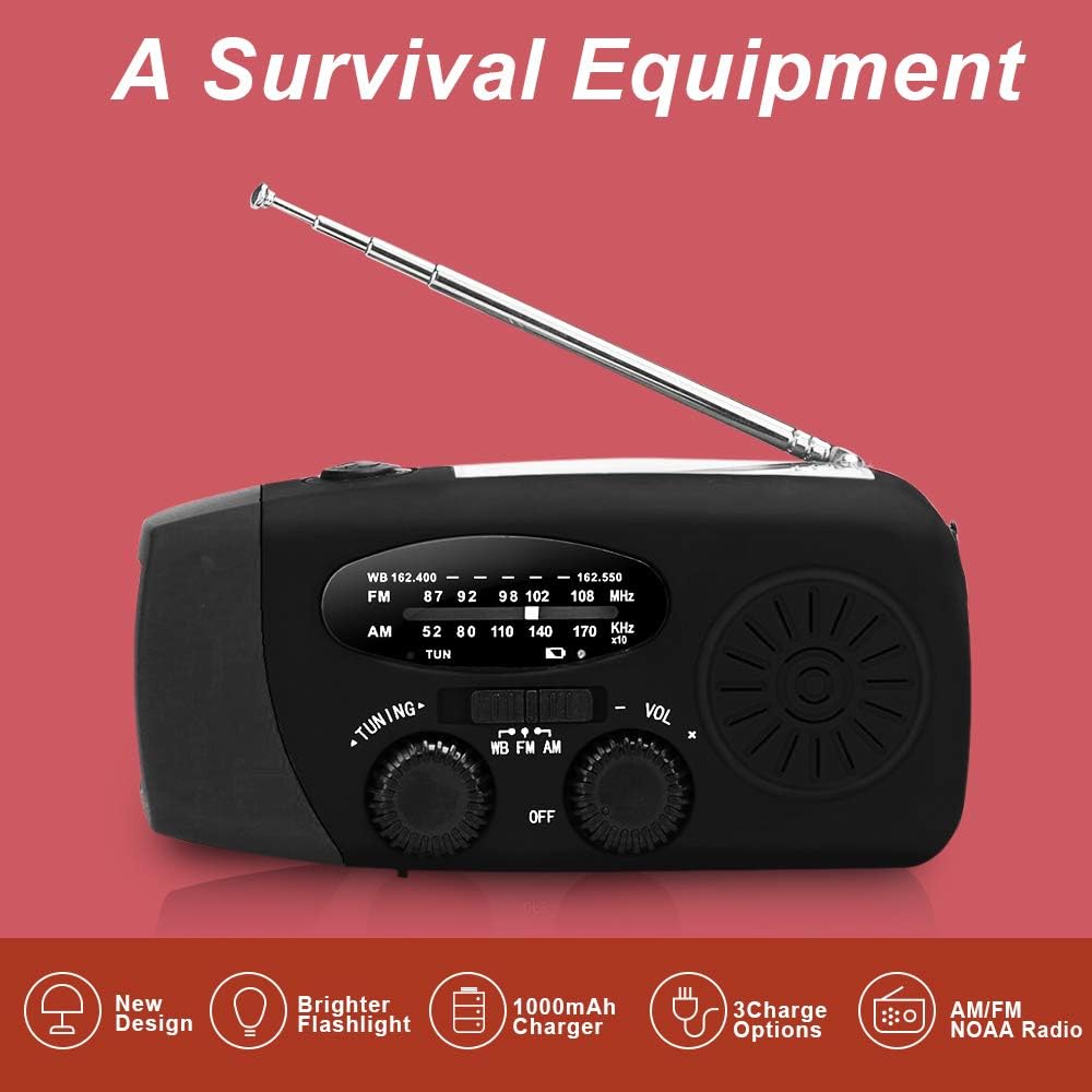 Upgraded Emergency Solar Weather Radio Hurricane Supplies Earthquake Kit Hand Crank Self Powered AM/FM/WB NOAA Wind up Survival Radios LED Flashlight 2000mAh Power Bank for iPhone Smart Phone (Red)