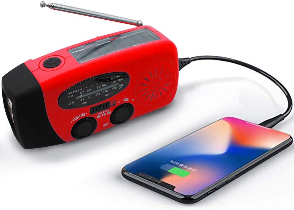 Upgraded Emergency Solar Weather Radio Hurricane Supplies Earthquake Kit Hand Crank Self Powered AM/FM/WB NOAA Wind up Survival Radios LED Flashlight 2000mAh Power Bank for iPhone Smart Phone (Red)