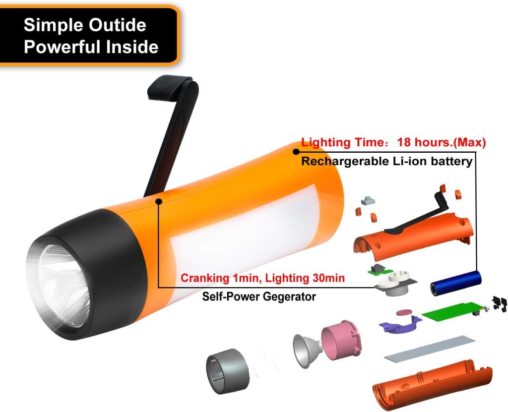 VFAN Rechargeable Hand Crank Flashlight/Generator/USB Charger for Phone and Emergency Survival Situations (Orange)