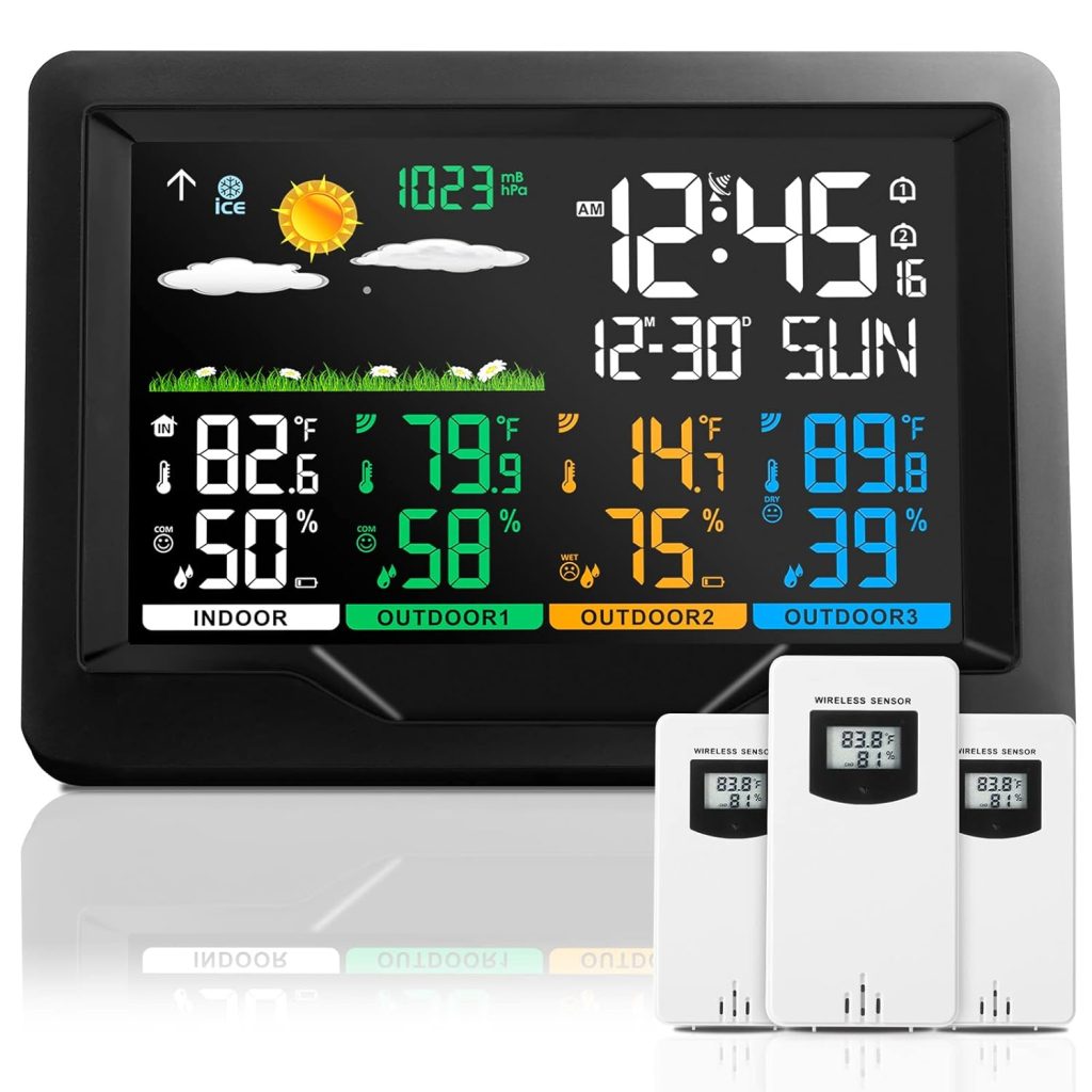 Weather Stations Wireless Indoor Outdoor Thermometers, Color Display Digital Atomic Clocks with Indoor Outdoor Temperature, Weather Thermometers with Multiple Sensors and Adjustable Backlight
