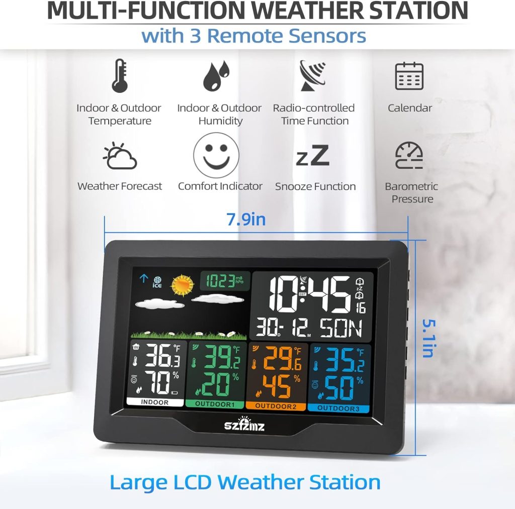 Weather Stations Wireless Indoor Outdoor with Multiple Sensors, SZFZMZ Color Display Weather Station Indoor Outdoor Thermometer Wireless Weather Forecast Station, Digital Atomic Clock with Backlight