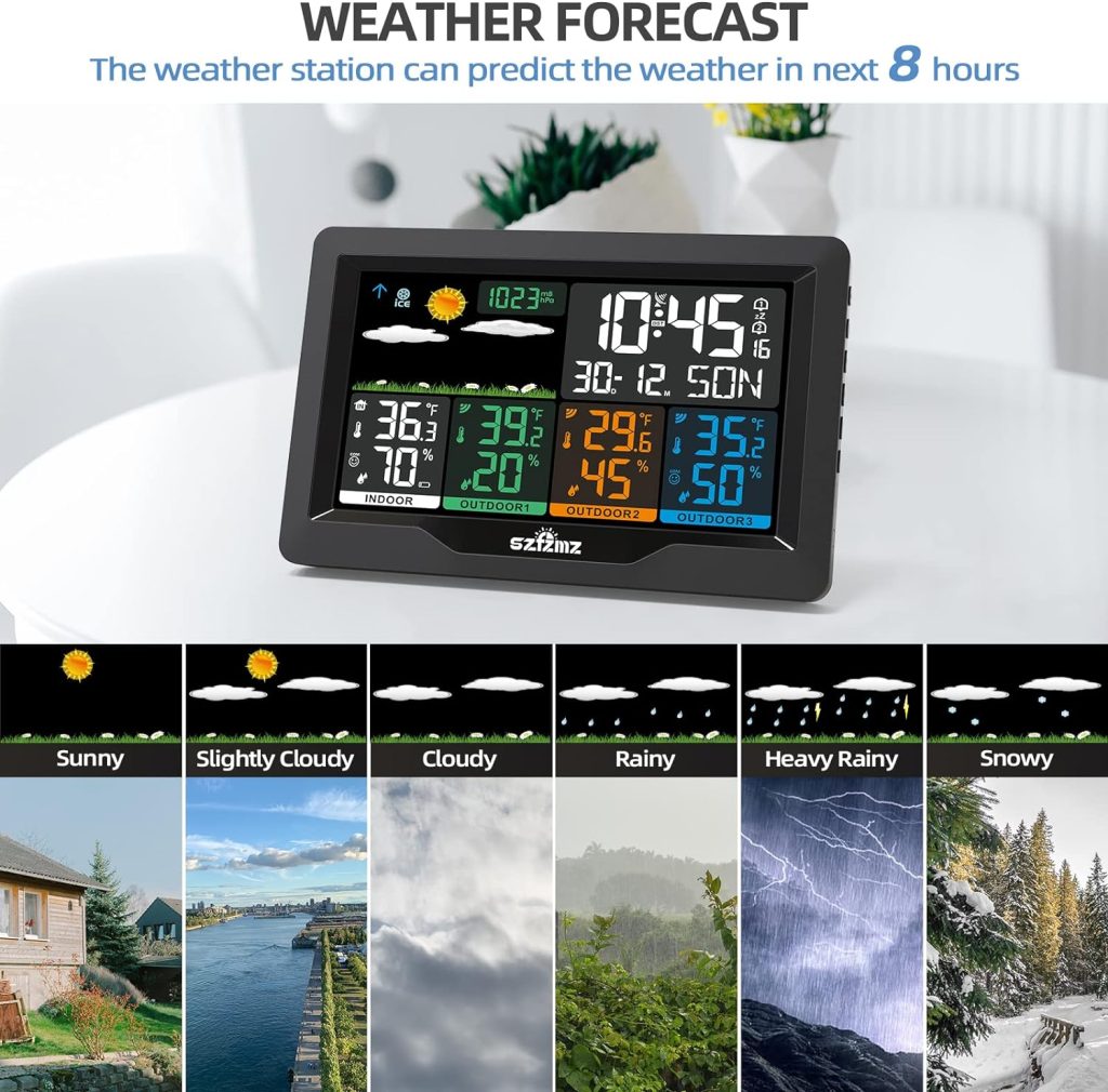 Weather Stations Wireless Indoor Outdoor with Multiple Sensors, SZFZMZ Color Display Weather Station Indoor Outdoor Thermometer Wireless Weather Forecast Station, Digital Atomic Clock with Backlight