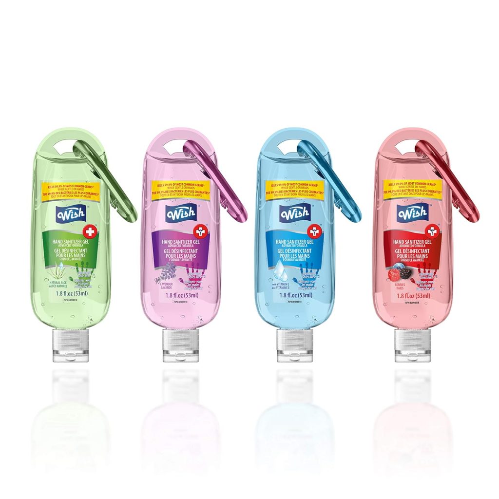 Wish Advanced Hand Sanitizer 1.8 oz with key clip Assorted Scents (4 Pack) Clean Hands saves Lives travel size under 3 oz