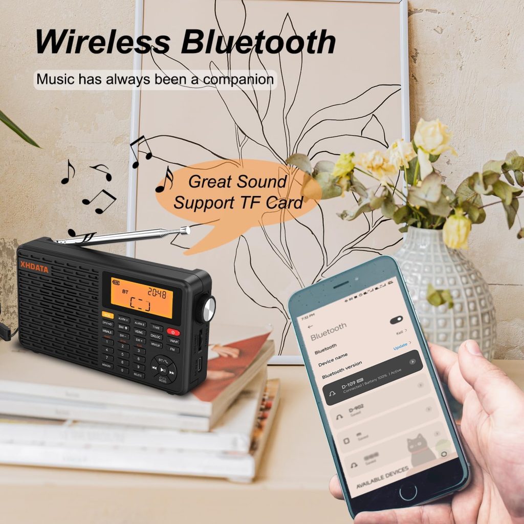 XHDATA D109WB Portable Radio AM/FM/SW/LW/WB Weather Radio Shortwave Radio Receiver with NOAA Alert, Battery Operated Great Sound Wireless BT Mp3 Speaker, SOS Alert Alarm Clock Sleep Function