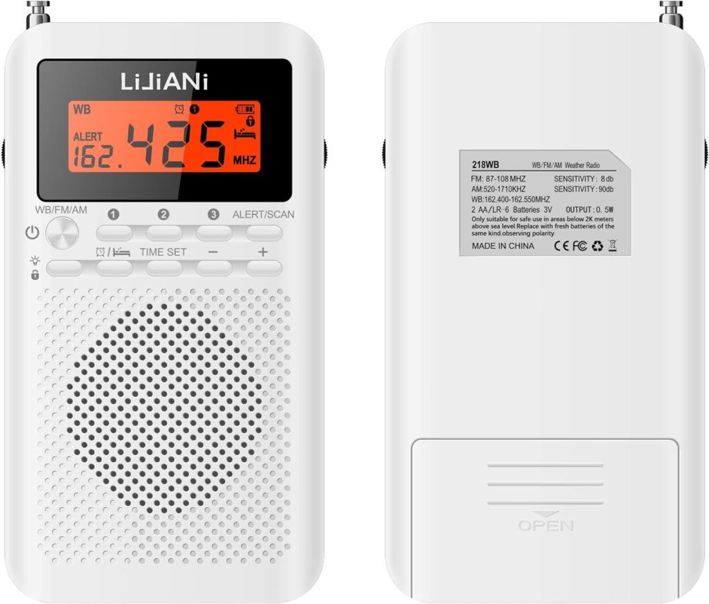 Pocket Weather Radio NOAA/AM/FM Powered by 2 AA Emergency Portable Transistor with LCD Display Digital Alarm Clock Sleep Timer, Best Reception Longest Lasting,Built in Speaker,Battery Operated