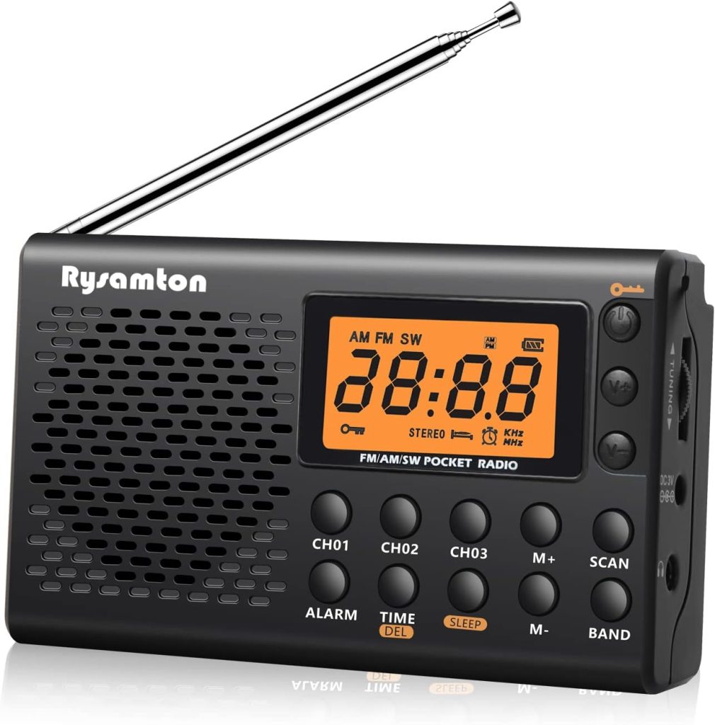 Portable AM/FM/Shortwave Radio, Batteries Operated Pocket Radios, Large Digital Display, Clock Radio with Alarm and Sleep Function, Earphone Included (Black)