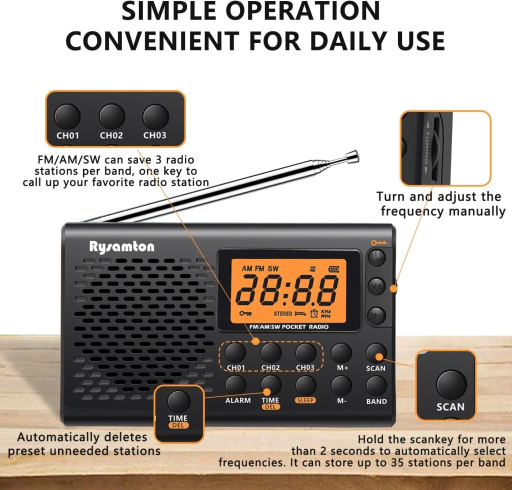 Portable AM/FM/Shortwave Radio, Batteries Operated Pocket Radios, Large Digital Display, Clock Radio with Alarm and Sleep Function, Earphone Included (Black)