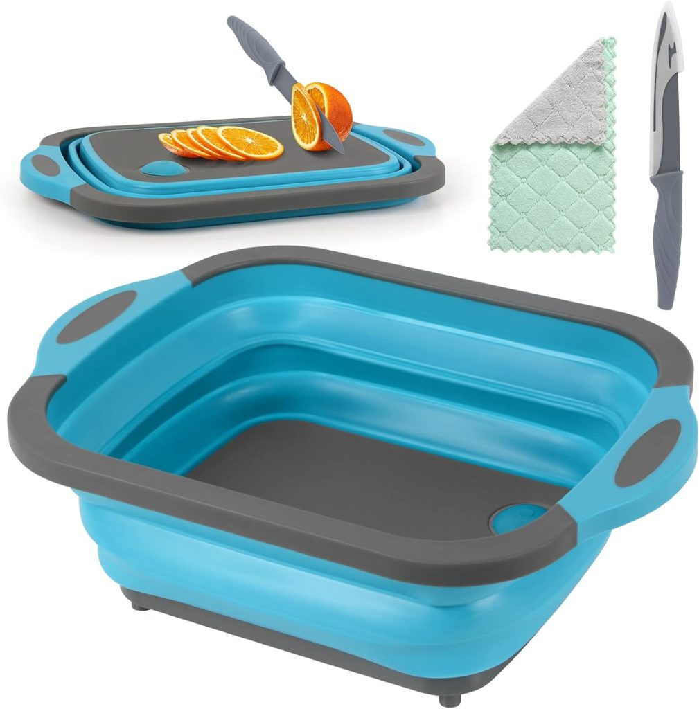 Camping Cutting Board, HI NINGER Collapsible Cutting Board with Knife and Towel Foldable Camping Dishes Sink Space Saving 3 in 1 Multifunction Storage Basket for BBQ Prep/Picnic/Camping Sink