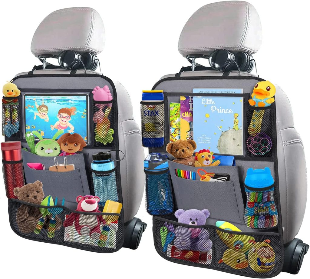 Car Backseat Organizer with 10 Table Holder, 9 Storage Pockets Seat Back Protectors Kick Mats for Kids Toddlers, Travel Accessories, 2 Pack