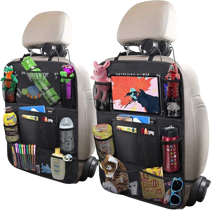 car backseat organizer with 10 table holder 9 storage pockets seat back protectors kick mats for kids toddlers travel ac