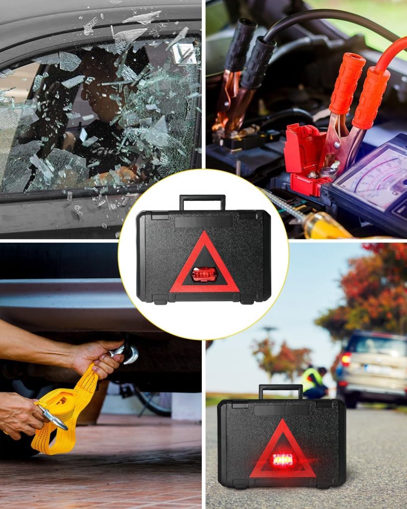 Car Emergency Kit, Roadside Emergency Car Kit with Warning Light Reflective Triangle, Jumper Cable, Tow Strap, Flashlight, First Aid Kit, Tire Pressure Gauge, Safety Hammer Car Tool Kit