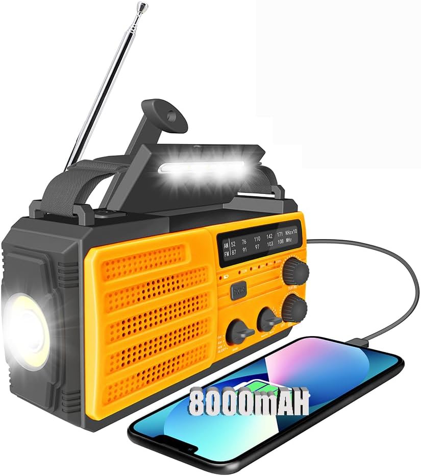 Emergency Radio, Crank Radio Flashlight Cell Phone Charger, Portable AM/FM NOAA Weather Radio, 8000mAh Solar Battery Operated Radio for Power Outage Emergency Supplies Kit for Outdoor Home (Orange)