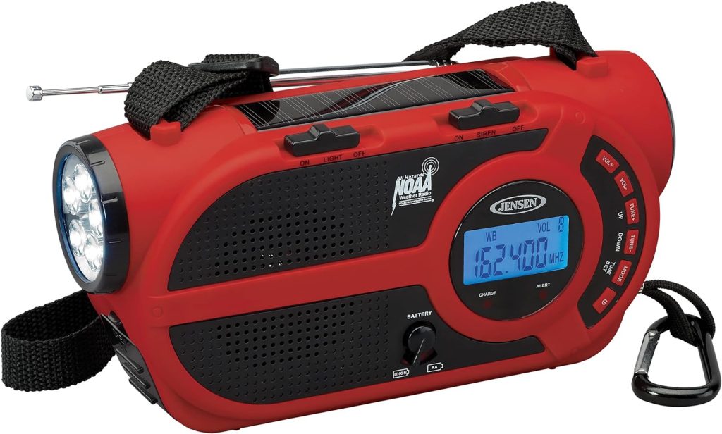 JENSEN JEP-650 Portable Digital AM/FM Weather Radio with Weather Alert, Flashlight, and 4-Way Charging, Red, JEP-650