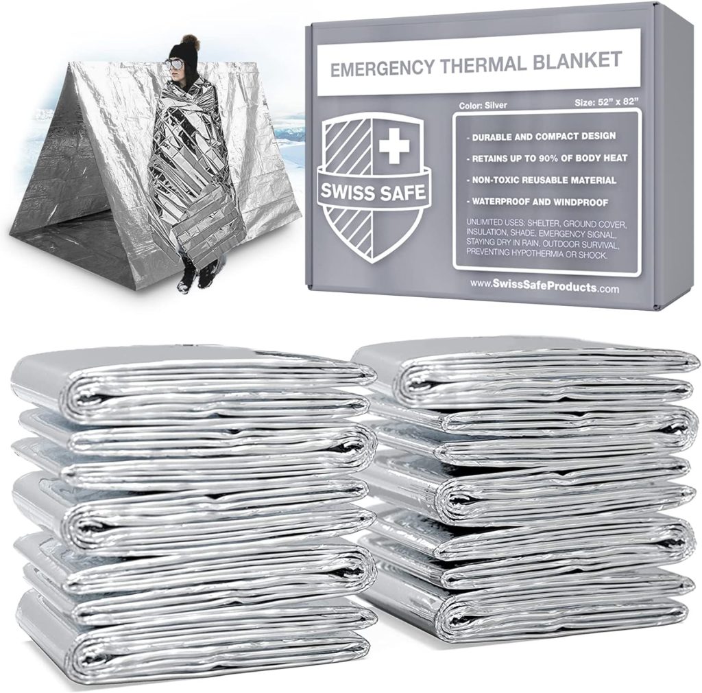 Swiss Safe Emergency Mylar Thermal Blankets + Bonus Space Blanket - Compact  Insulated for Cold Weather - Designed for NASA, Outdoor Camping, Survival, First Aid Car Kit - Silver, 10 Pack