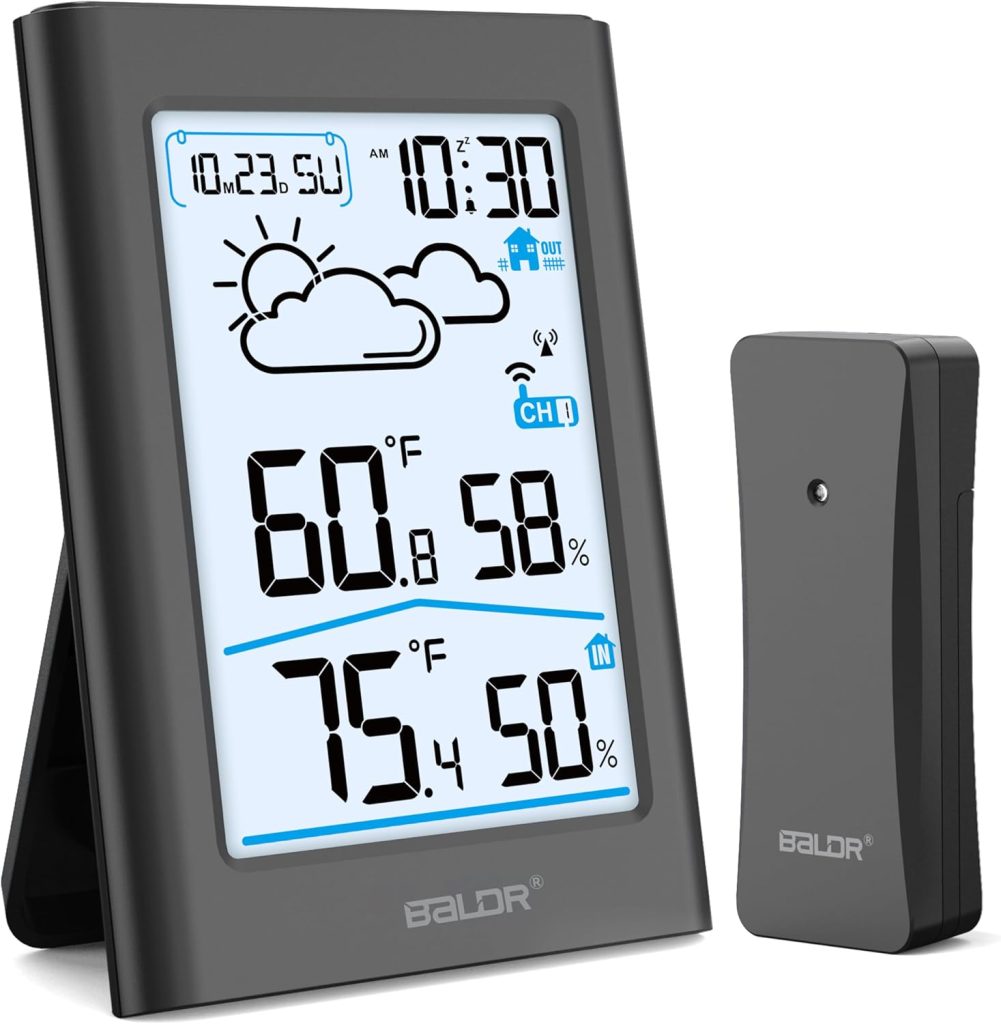 BALDR Indoor Outdoor Thermometer Wireless with Atomic Clock, Battery Powered Weather Station Indoor Outdoor with WWVB, Portable Outside Temperature Monitor for Home, Patio