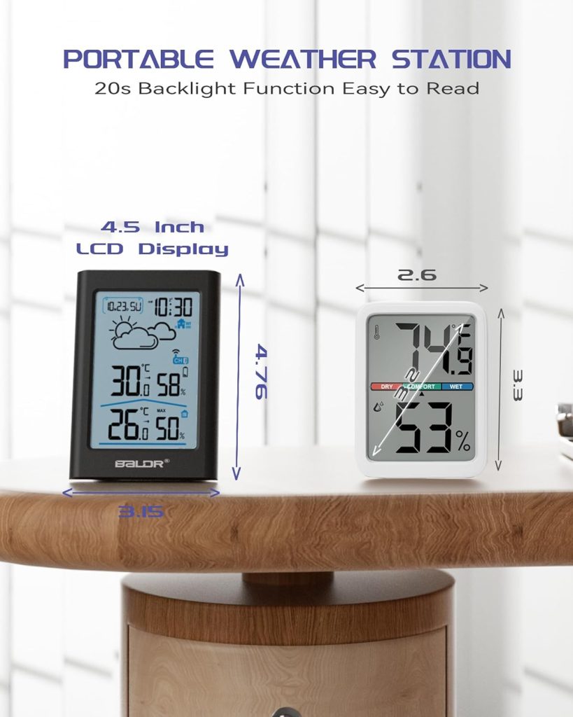 BALDR Indoor Outdoor Thermometer Wireless with Atomic Clock, Battery Powered Weather Station Indoor Outdoor with WWVB, Portable Outside Temperature Monitor for Home, Patio