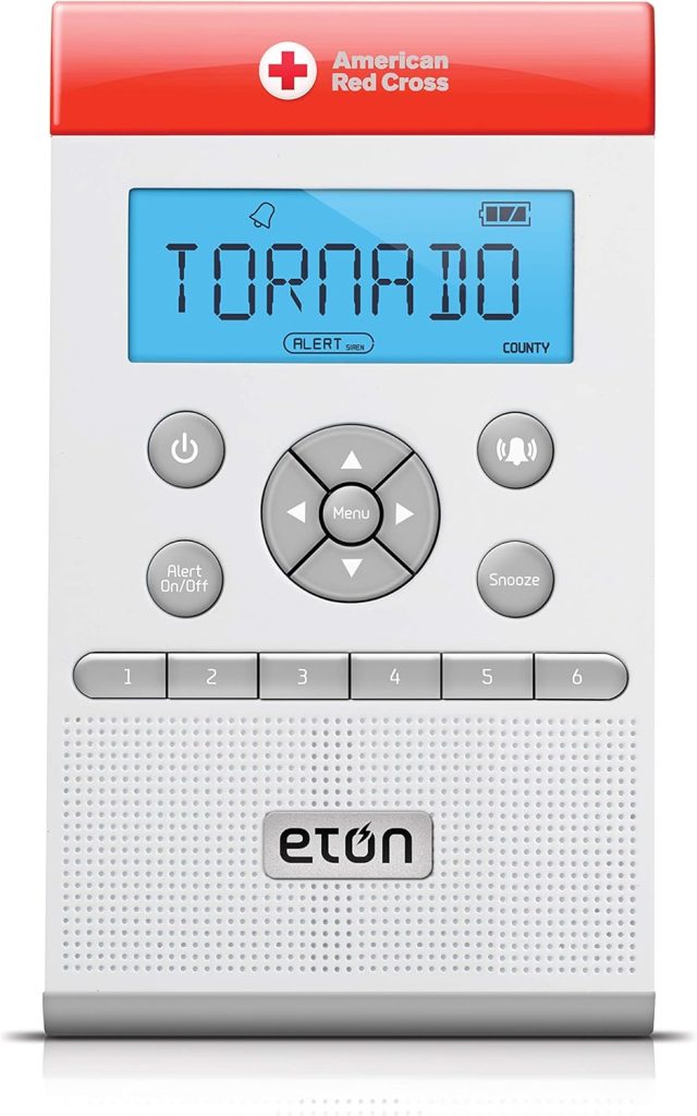 Eton - American Red Cross ZoneGuard Weather Radio, White, Siren/Buzzer (90dB), 3 Color LED Alert Light Bar, LCD Display, Detachable Stand, AC Power Adapter, AA Battery Operated