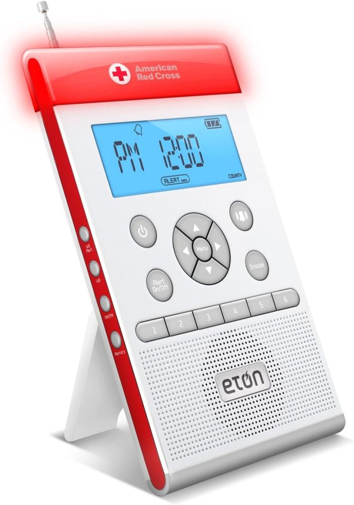 Eton - American Red Cross ZoneGuard Weather Radio, White, Siren/Buzzer (90dB), 3 Color LED Alert Light Bar, LCD Display, Detachable Stand, AC Power Adapter, AA Battery Operated