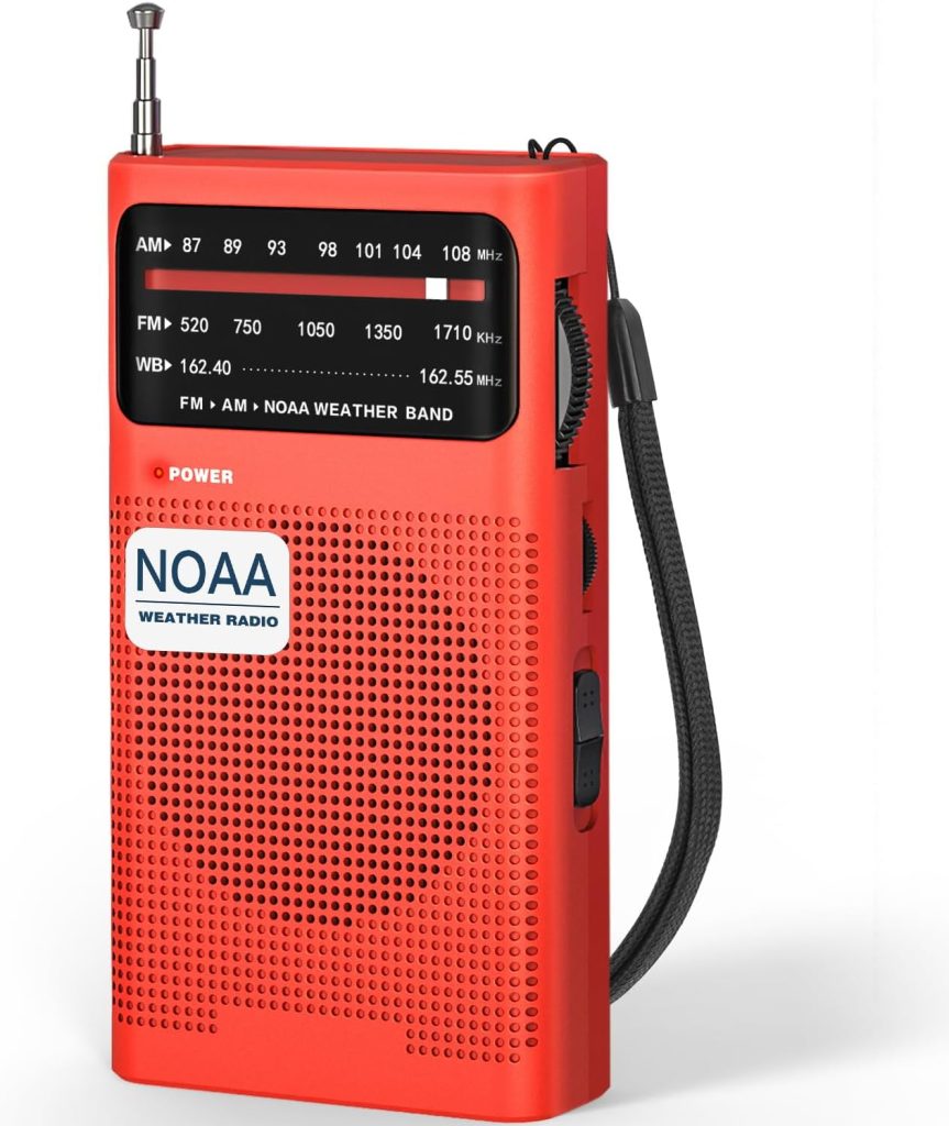 Goodes NOAA Weather Radio AM FM, Transistor Radio with Loud Speaker, Headphone Jack, 2AA Battery Operated Radio for Long Range Reception, Portable Radio for Indoor, Outdoor and Emergency Use-Red