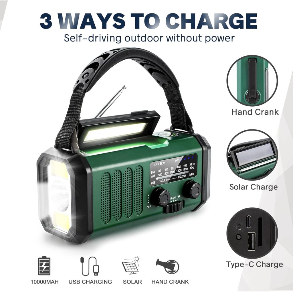 10000mAh Crank Radio, Emergency Radio, Solar Radio, NOAA/AM/FM Weather Radio, USB Type-C Charging, Dynamo Radio, Polymer Battery, Torch  LED Reading Light, SOS Alarm, Compass for Camping Green