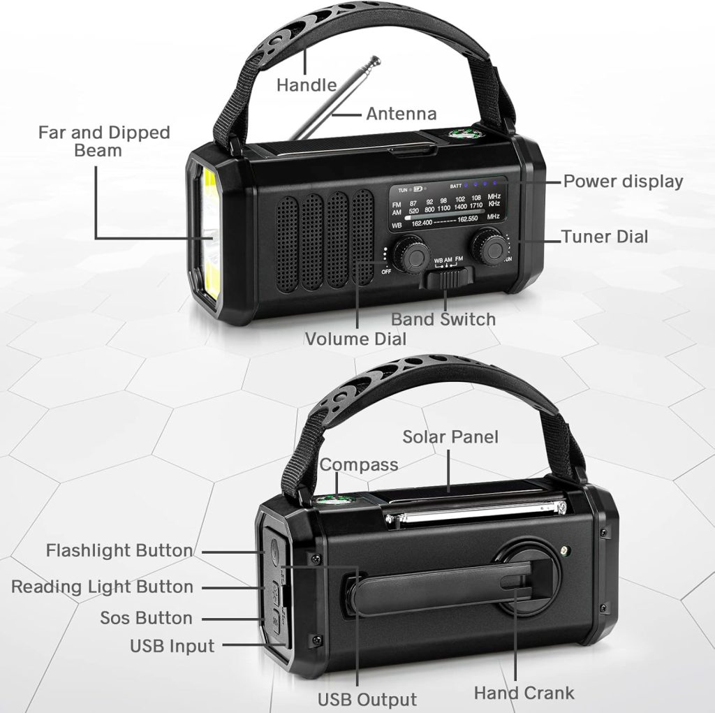 10000mAh Crank Radio, Emergency Radio, Solar Radio, NOAA/AM/FM Weather Radio, USB Type-C Charging, Dynamo Radio, Polymer Battery, Torch  LED Reading Light, SOS Alarm, Compass for Camping Green