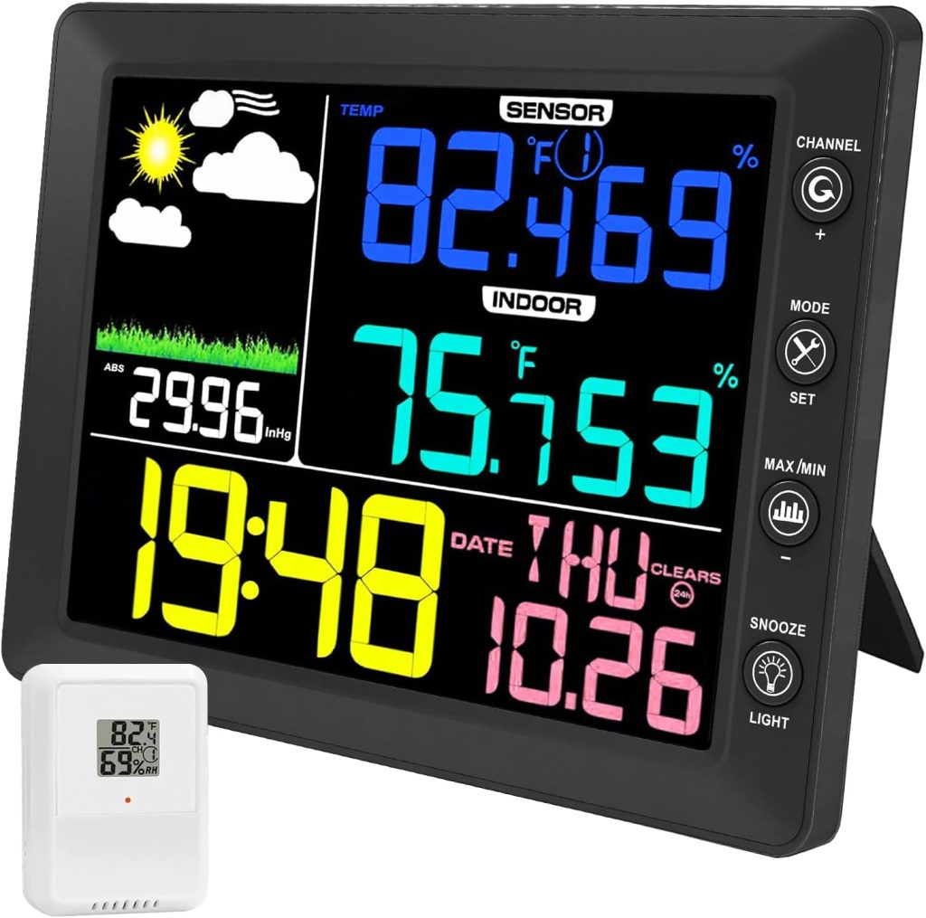 Urageuxy Weather Station Wireless Indoor Outdoor Thermometer, 8.3 Inch Color Display Digital Home Weather Station Wireless with Clock, Dew Point, Temperature, Humidity, Weather Forecast