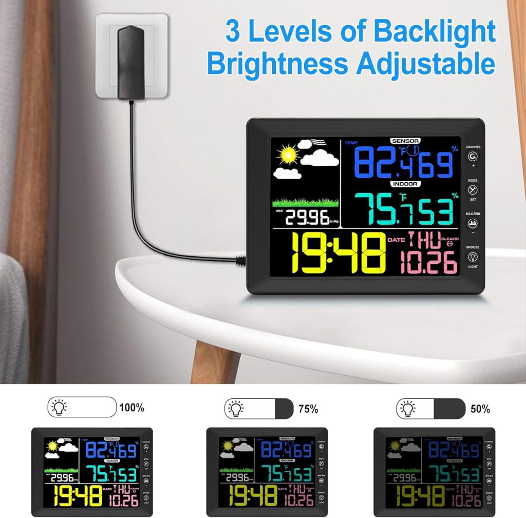 Urageuxy Weather Station Wireless Indoor Outdoor Thermometer, 8.3 Inch Color Display Digital Home Weather Station Wireless with Clock, Dew Point, Temperature, Humidity, Weather Forecast