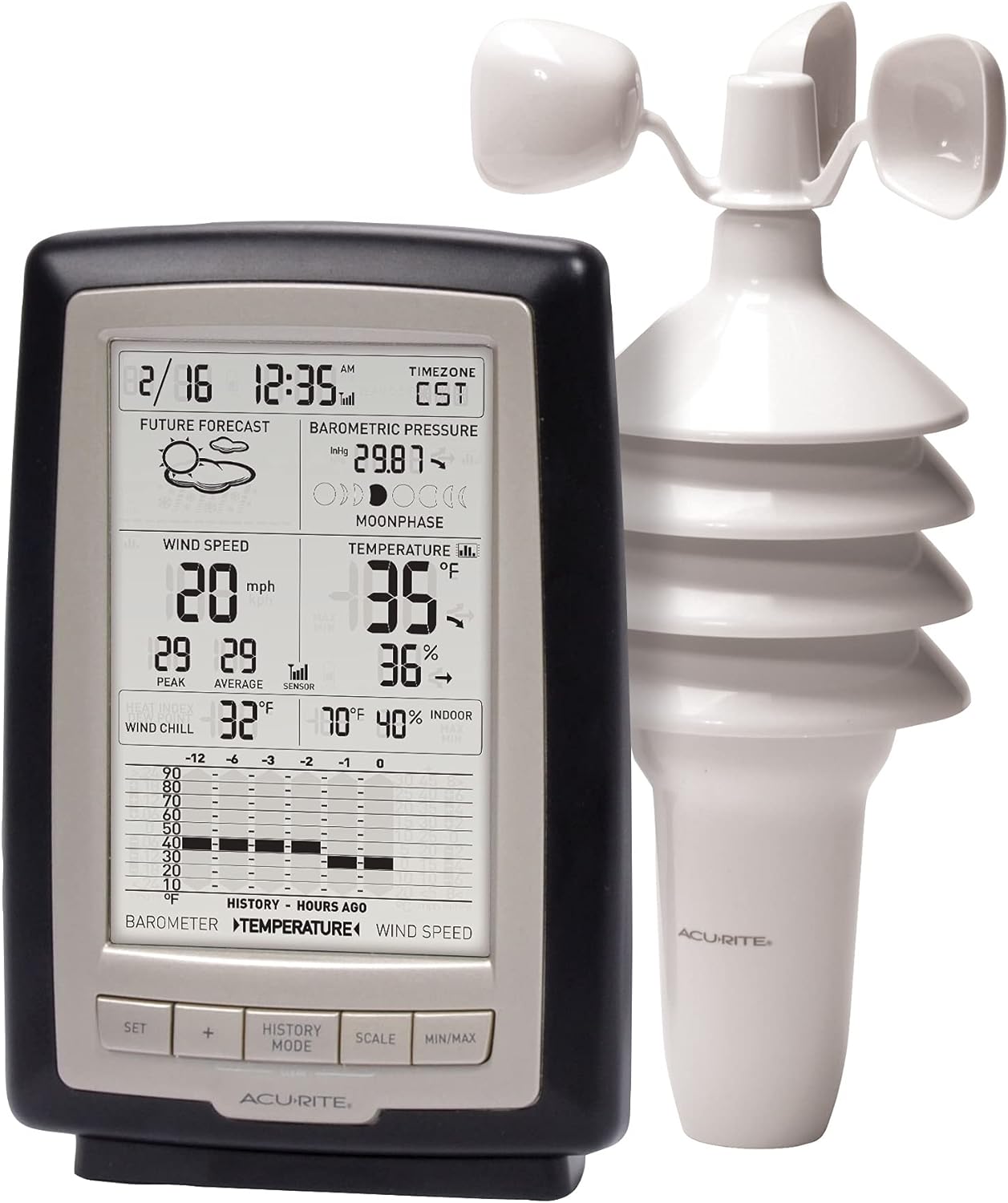 AcuRite Notos (3-in-1) Weather Station with Wind, Temperature, and Humidity (00638A3), Black and Metal