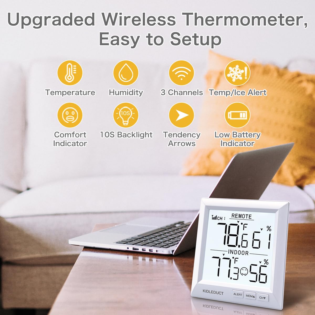 Indoor Outdoor Thermometer Wireless Battery Powered, High Precision Inside Outside Humidity Temperature with Alert, 10S Backlight Weather Thermometers with 1 Sensor, 330ft Wireless, White